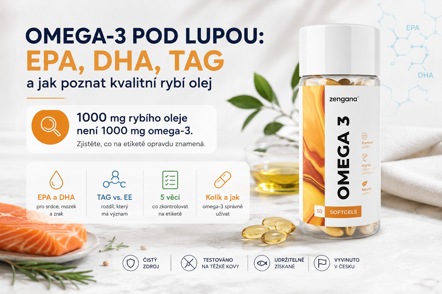 Omega-3 kapsle, rybí olej a hodnoty EPA a DHA na etiketě